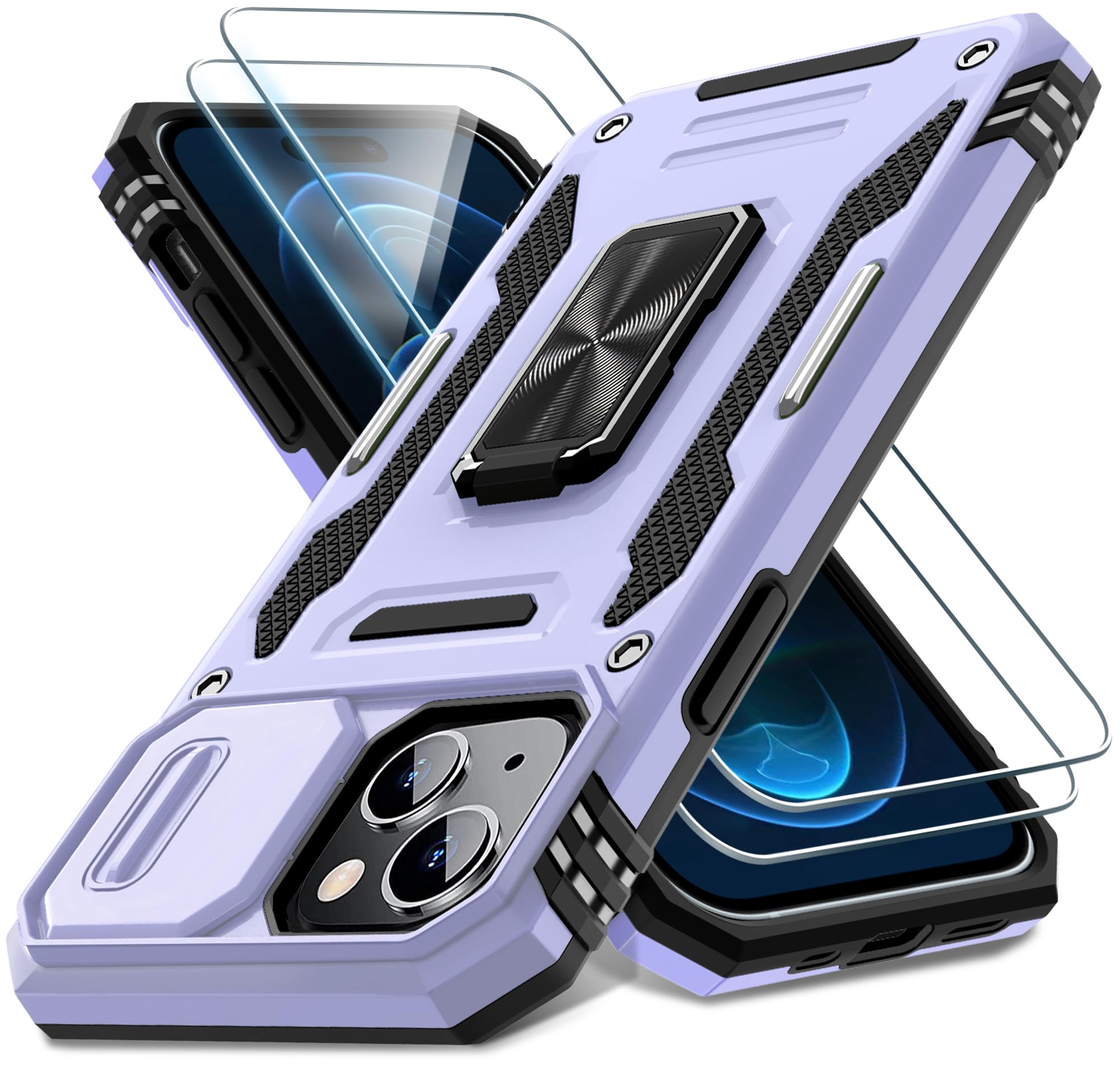 DEERLAMN Case for iPhone 15 with Slide Camera Cover + Screen Protector (2 Packs), Rotated Ring Kickstand Military Grade Shockproof Protective