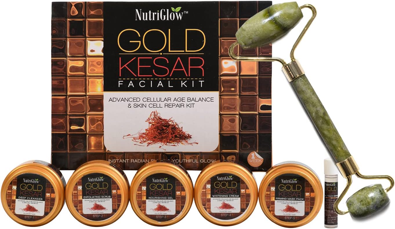 Gold Kesar Facial Kit | 6-Pieces Skin Care, 260gm with Jade Roller Gold Kesar Facial Kit | 6-Pieces Skin Care, 260gm with Jade Roller