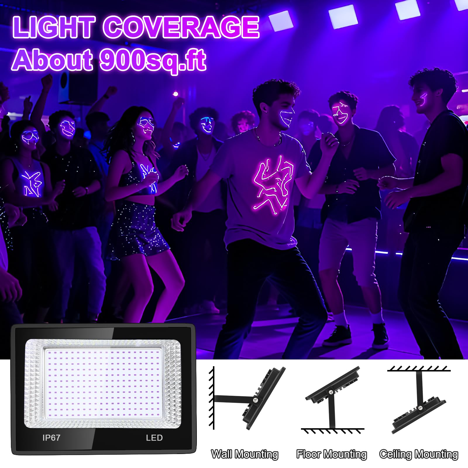 100W Black Light, UV Lamp, Black Light, IP67 Waterproof, for Halloween Decoration, Christmas Decoration, Hardened UV Resin, Neon Party (2 Pieces)