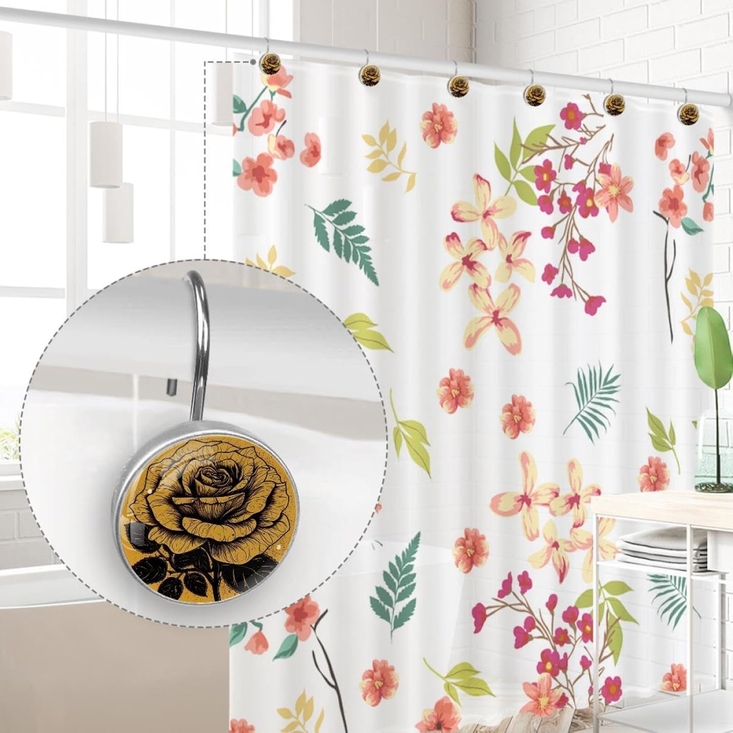 Crystal Glass Printed Stainless Steel Shower Hooks, 12-Pack, Elegant Bedroom and Room Curtain Rod Accessories, Yellow and Black Rose