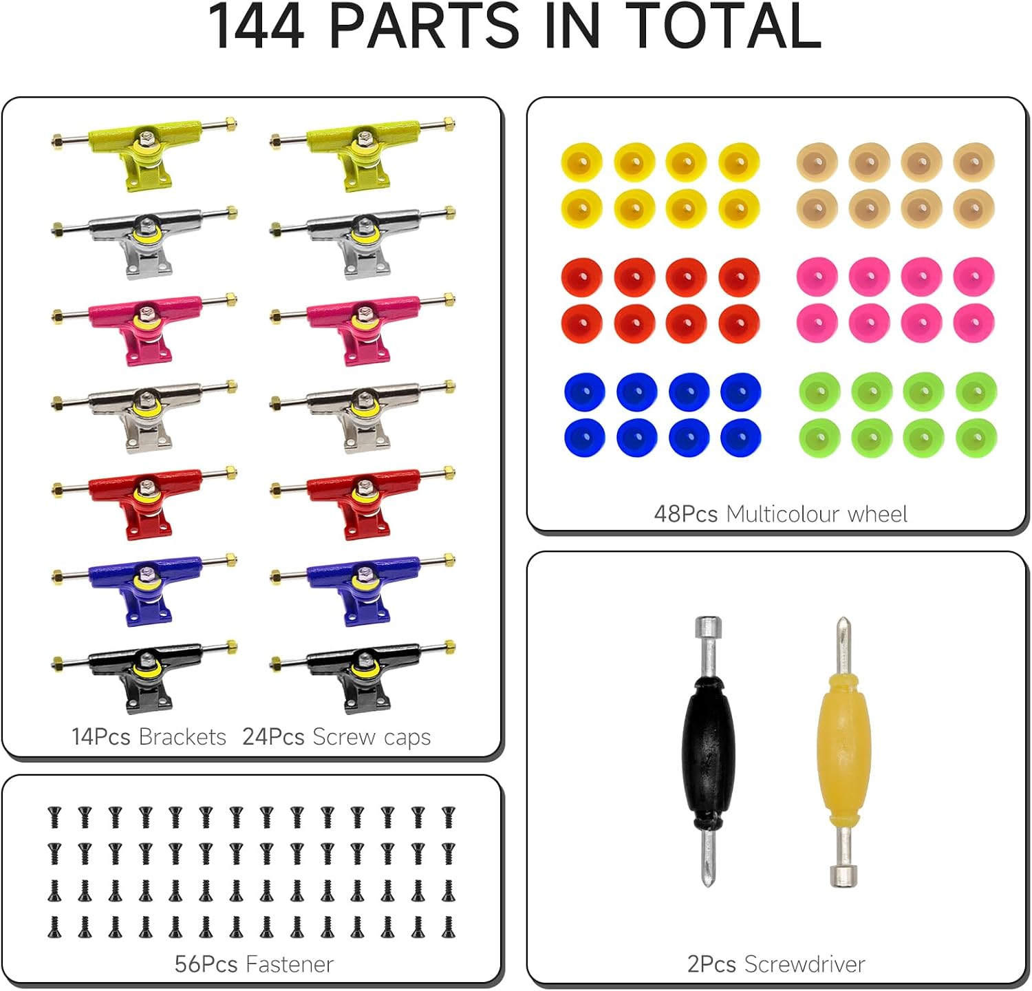 14Pcs Multicolour Trucks 48Pcs Wheels 60Pcs Screws & 30PCS Nuts & 4PCS Spanner Tool for 96mm Fingerboard Skateboard Wooden Deck Parts