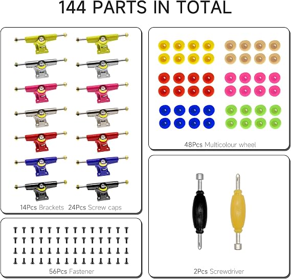 14PCS شاحنات متعددة الألوان & 48 PCS عجلات & 60 PCS مسامير & 30 PCS المكسرات & 4 PCS أداة سبانر ل 96 mm لوحة الأصابع سكيت خشبية أجزاء سطح عدة أداة القضية