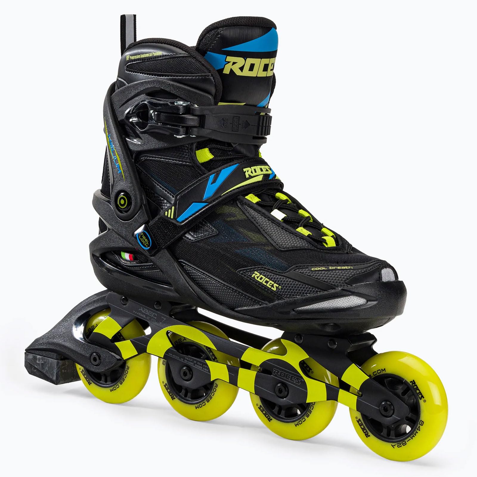 Roces Men's Helium II TIF Lightweight Breathable Adjustable Fitness Sporty Outdoor Four 84mm Wheel Inline Racing Skates with Easy Entry System & Invisible Frame, Black/Lime, 11