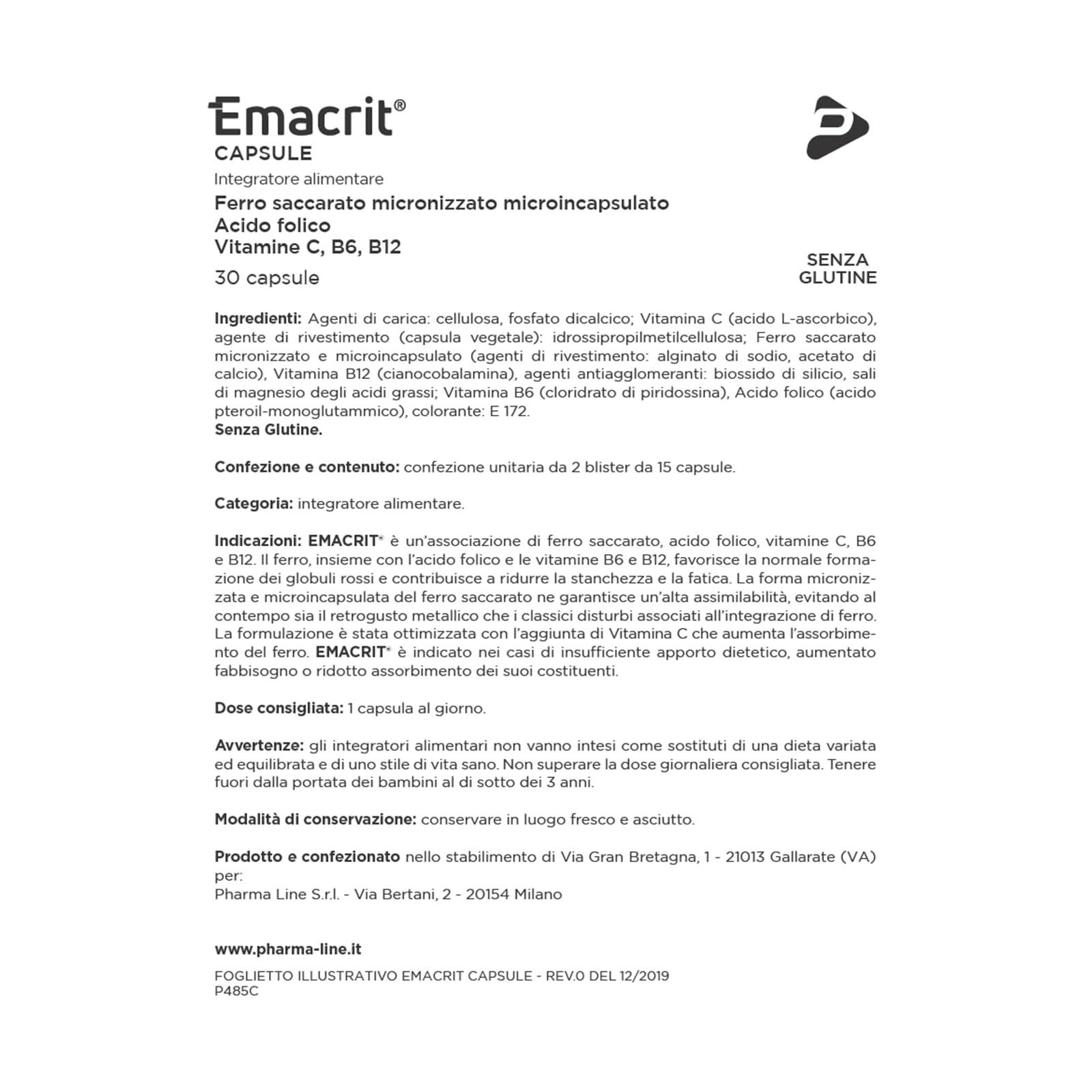 Pharma Line EMACRIT Capsule – Integratore Alimentare di Ferro con Acido Folico, Vitamine C, B6 e B12 ad Alta Assimilabilità, 30 Capsule