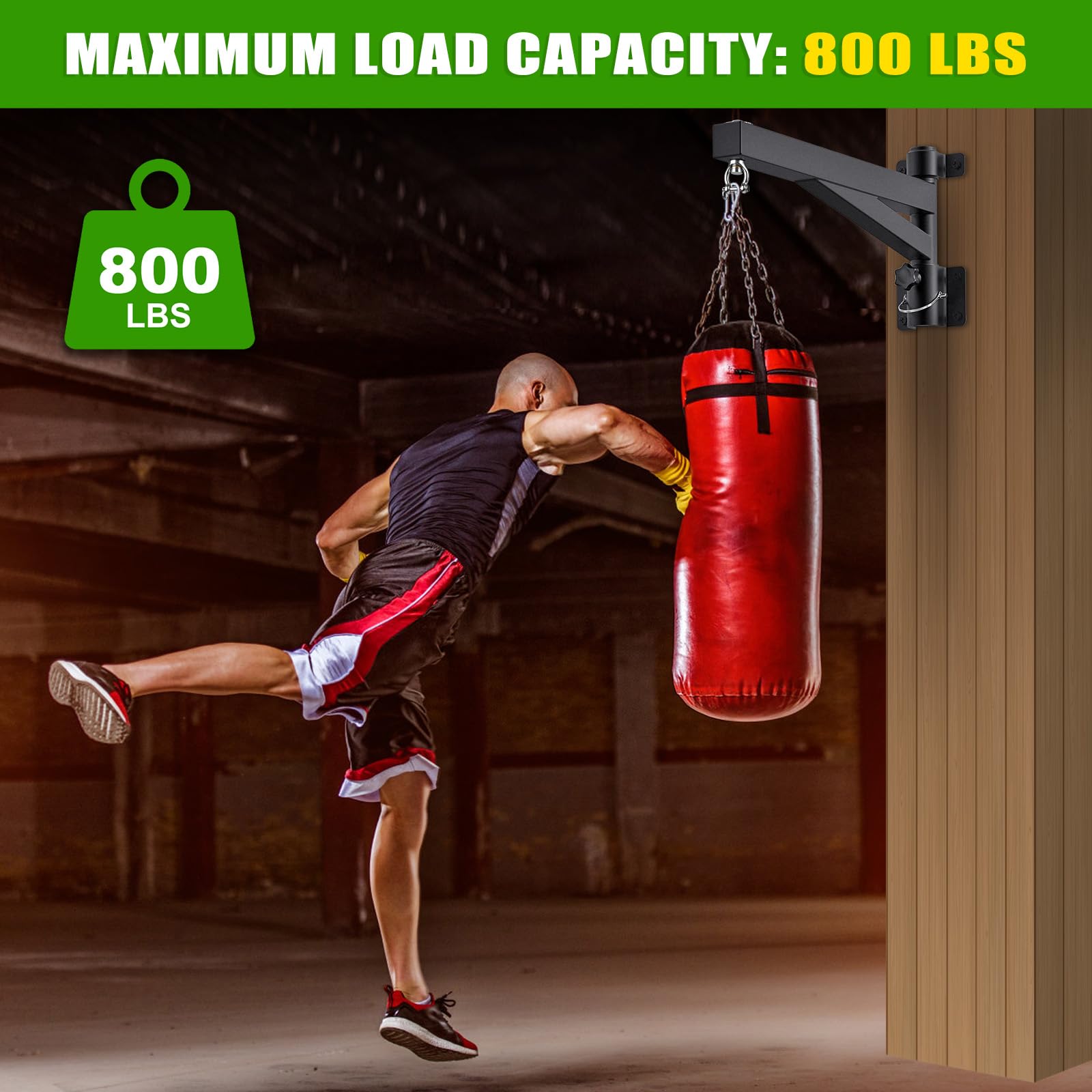 Kipika Soporte de pared para colgar bolsas pesadas de 24 pulgadas, capacidad de 800 libras con soporte giratorio de 360° y diseño plegable, soporte para saco de boxeo para boxeo, Muay Thai, bolsa de