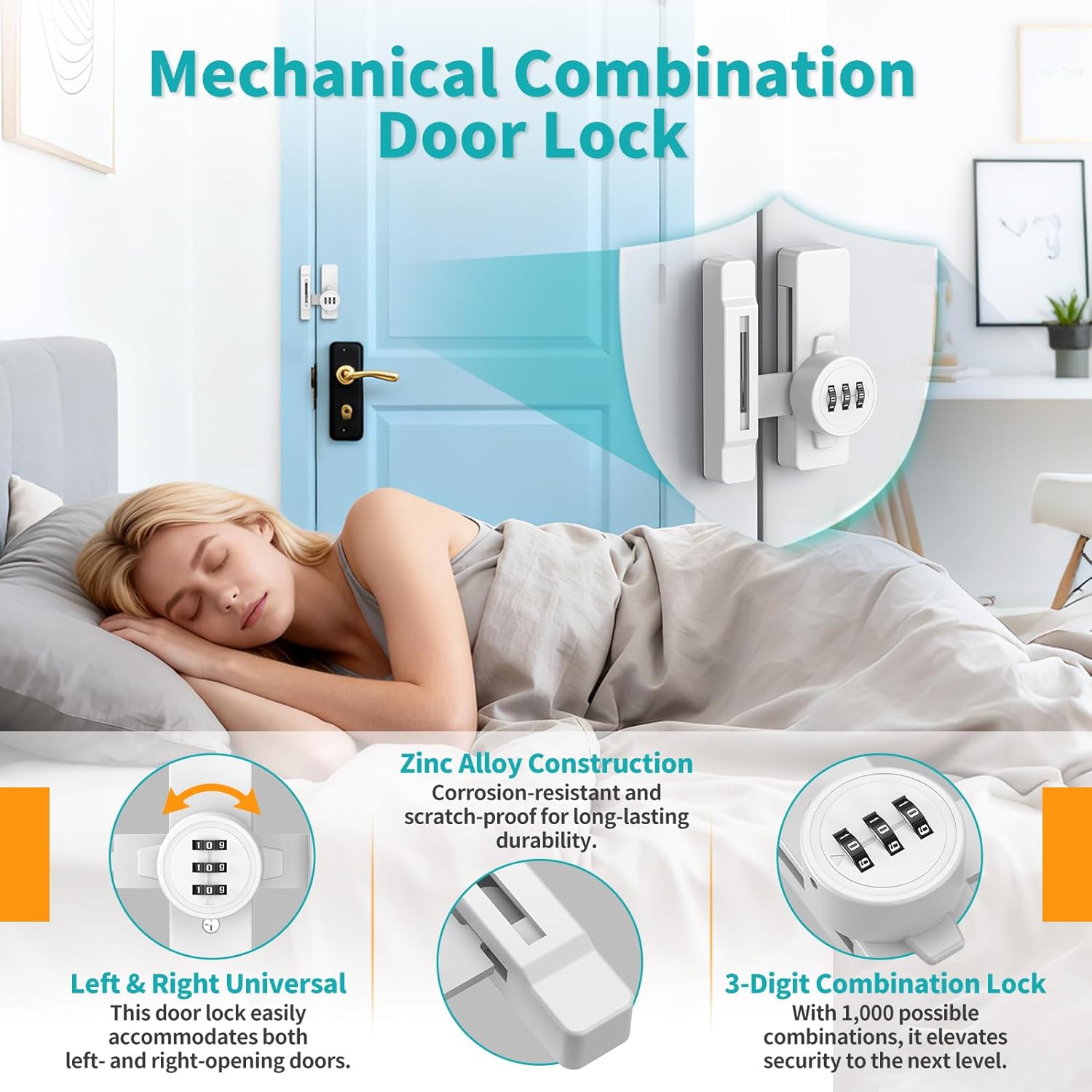 Barn Door Lock with Combination, 90/180 Degree Sliding Closet Door Lock, Keyless Password Door Latch for Bedroom, Shed, File Cabinet - Heavy Duty Zinc Alloy Security Latches (2, White)