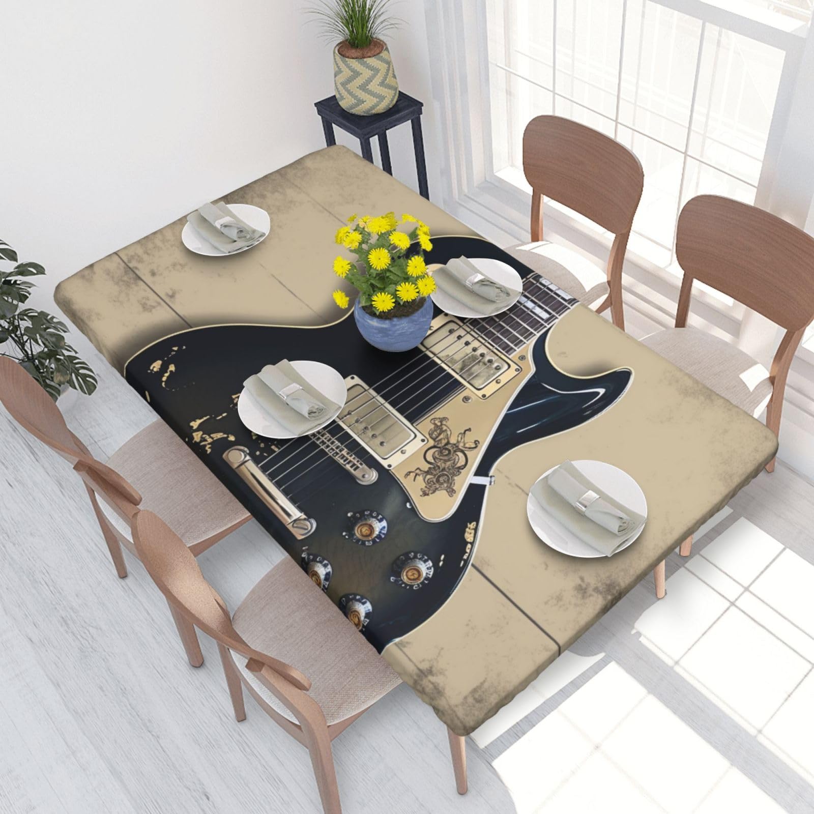 Dcarsetcv Musical Guitar Printed 4Ft Waterproof Tablecloth With Elastic Edged Protect & Decor Your Table, Oil-Proof Washable Table Cloth Cover For Dinner Picnic Party