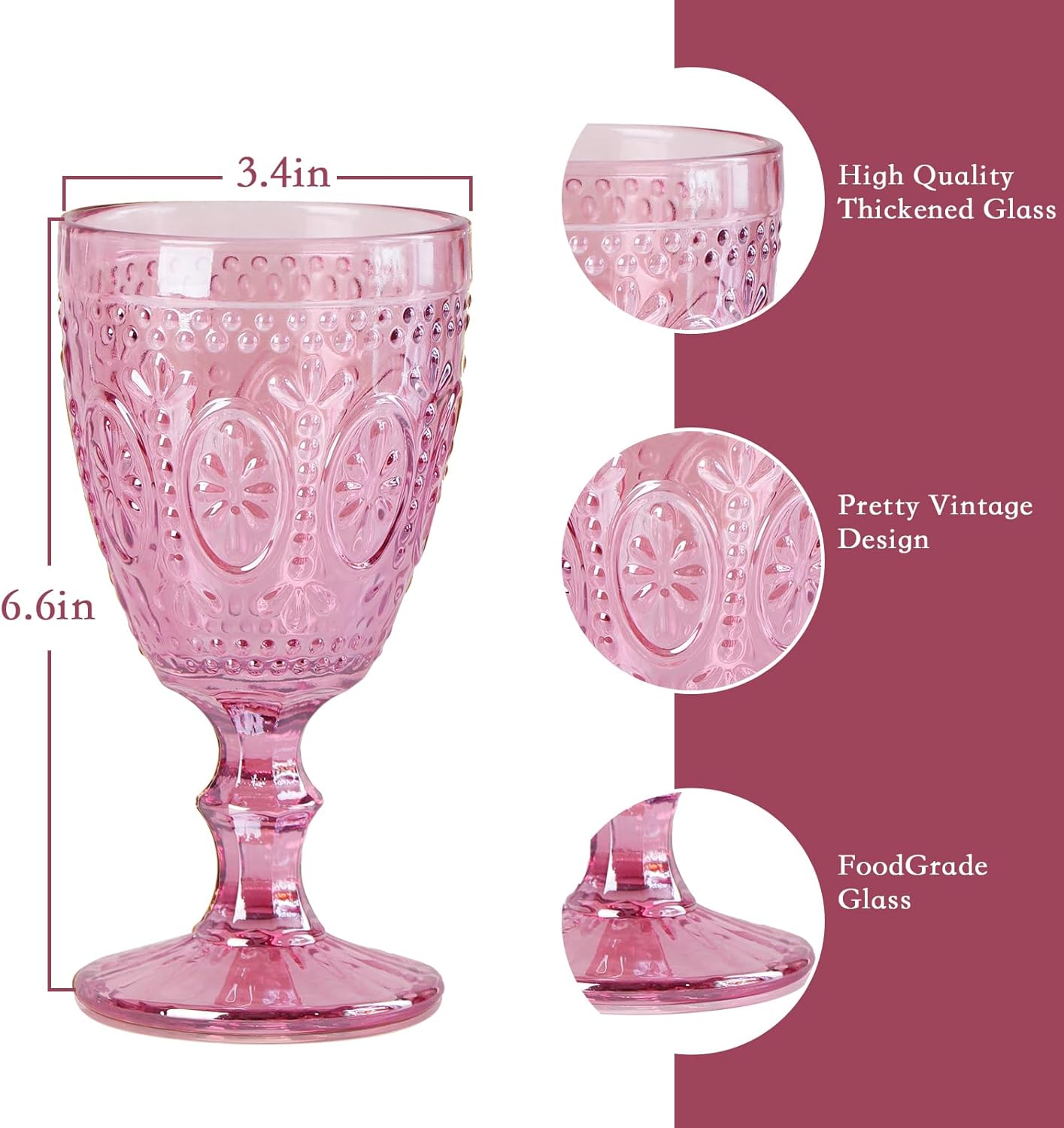 Pink Wine Glasses set of 4, Pink Goblets, Vintage Drinking Glassware, Colored Glassware Set for Party Home Wedding Baby Shower - Image 2