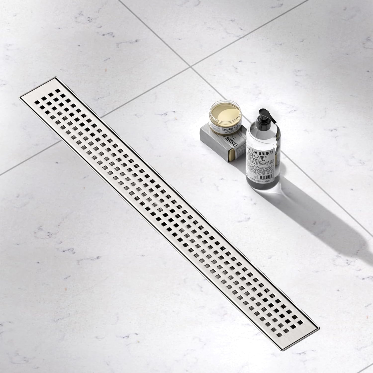 Linear Shower Drain, 24 Inch Linear Drain with Brick Pattern Grate 304 Stainless Steel Shower Drains, Rectangular Shower Floor Drain w/Leveling Feet, Hair Trap for Bathroom and Balcony Brushed Nickel