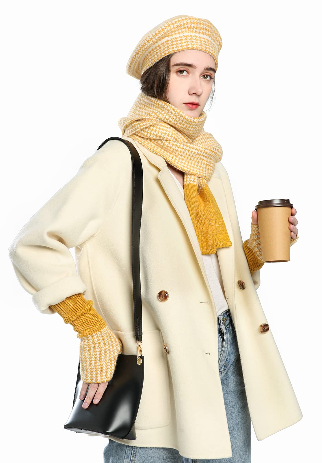 Dajingkj Baskenmütze für Damen, 3-teiliges Hut, Schal, Handschuhe, Set, Mädchen, Mode, fingerlose Handschuhe, Baumwolle, Winter-Geschenk-Set, gelb, Einheitsgröße