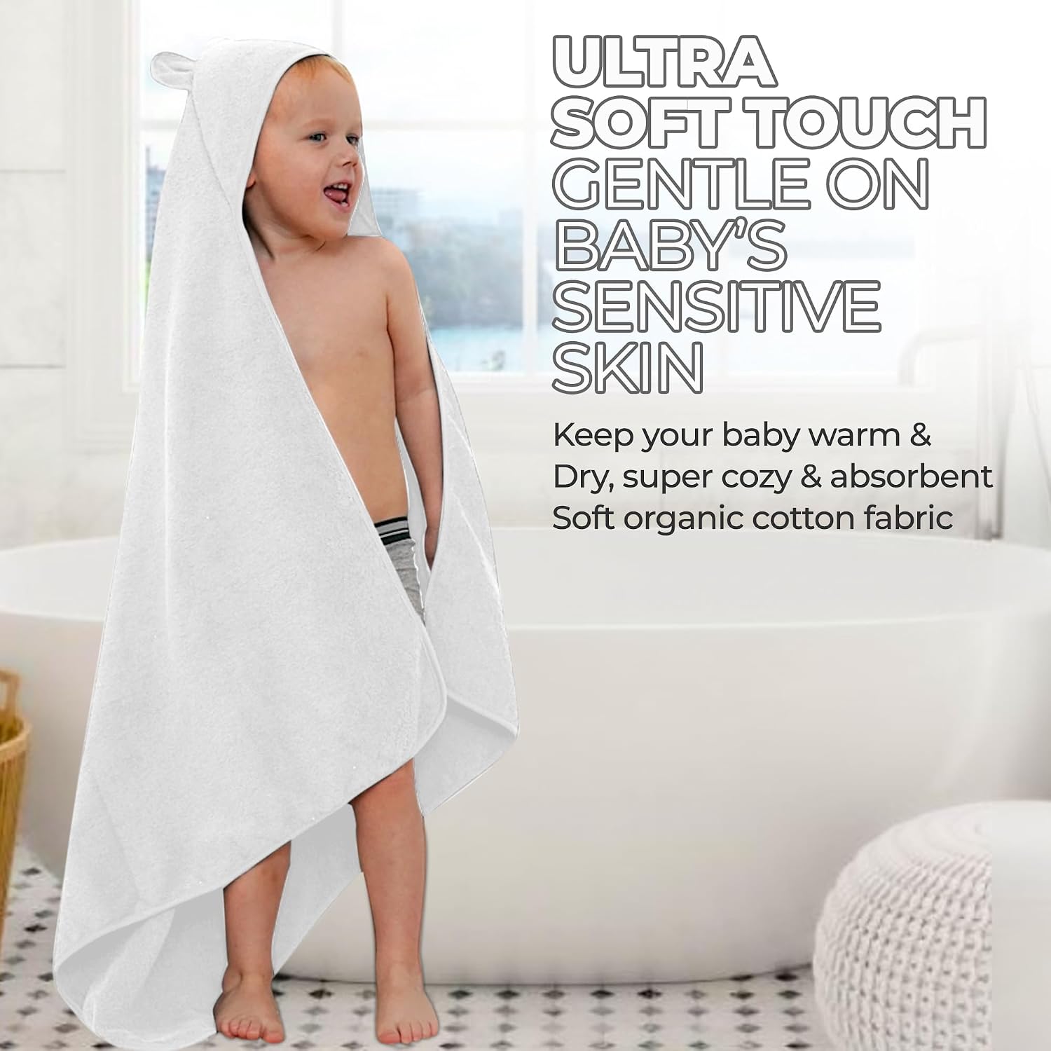 Organic Cotton Toddler Towel Poncho - Ultra-Soft for Boys & Girls 0-5T, Bath Towel with Bear Ears, Absorbent & Premium (White)