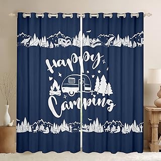 Happy Camping Window Curtains,Camper RV Trailer Decor Rustic Window Drapes for Kids Boys Girls Adults,Mountain Travel Adventure Navy Blue Retro Window Treatments Grommet Top 2 Panel Set,42Wx63L inch
