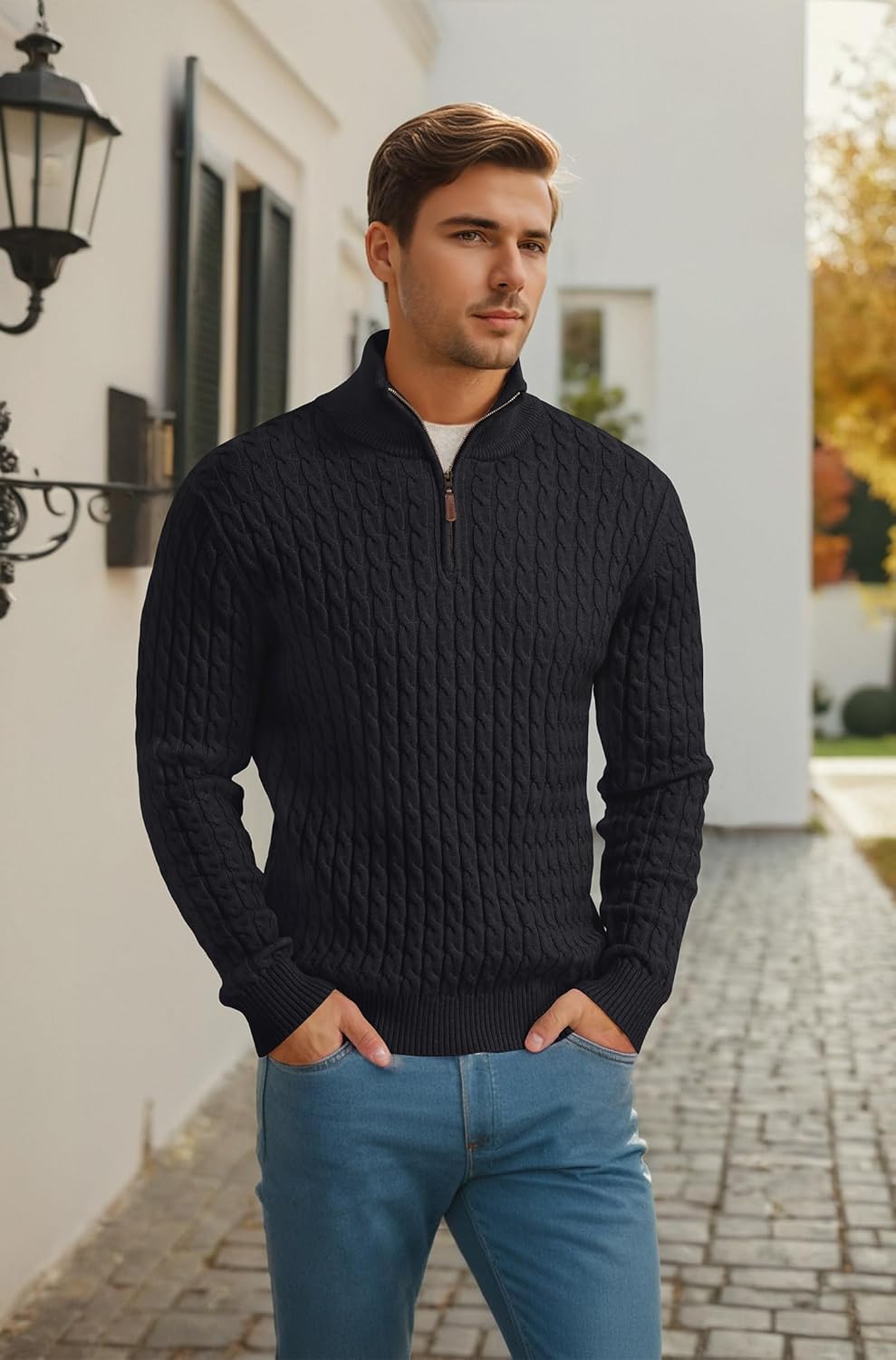 Askdeer Men's Quarter Zip Pullover Sweater Cable Knit Mock Neck Polo Sweater Classic Casual Sweater with Ribbing Edge - Image 5