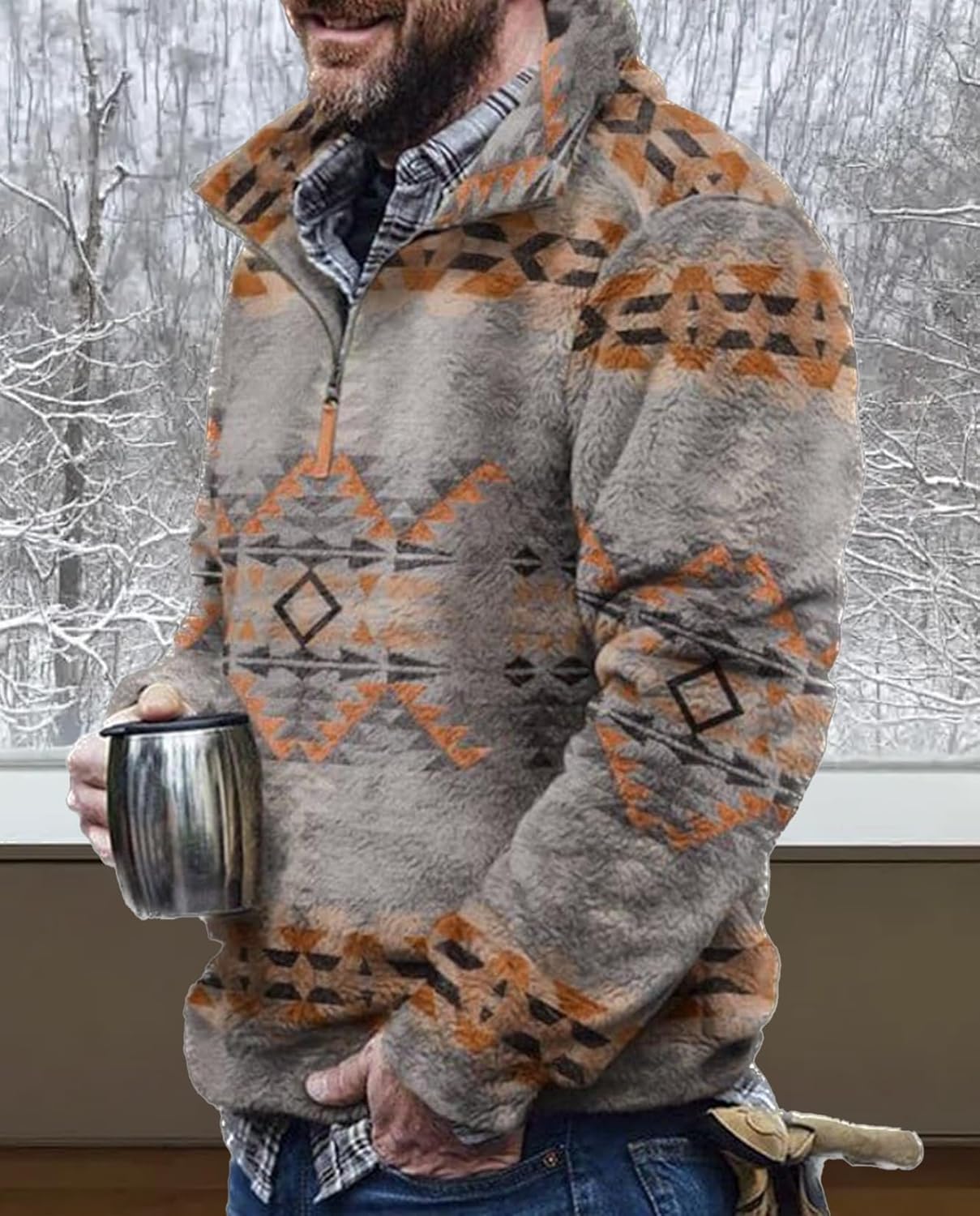 Western Sweatshirts for Men Aztec Fleece Pullover Sweatshirts Mens Vintage Print Fuzzy Sweatshirt - Image 3