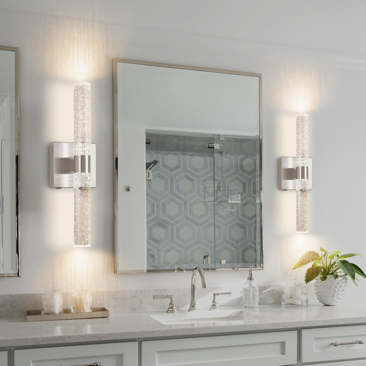 Battery Operated Crystal Wall Sconce 2-Pack Rechargeable Modern Vanity LED Light Fixtures, 3000K-6000K Dimmable Wireless Wall Lights for Bathroom Bedroom Living Room Hallway