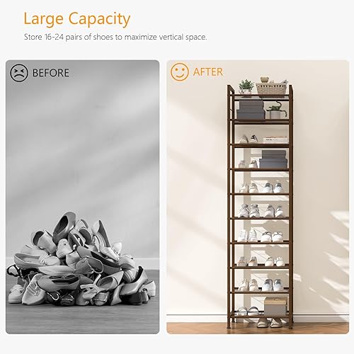 Miniatura 7 de usikey Zapatero estrecho de 10 niveles, 20 a 30 pares, estante alto de metal resistente para zapatos con 4 ganchos, almacenamiento delgado para