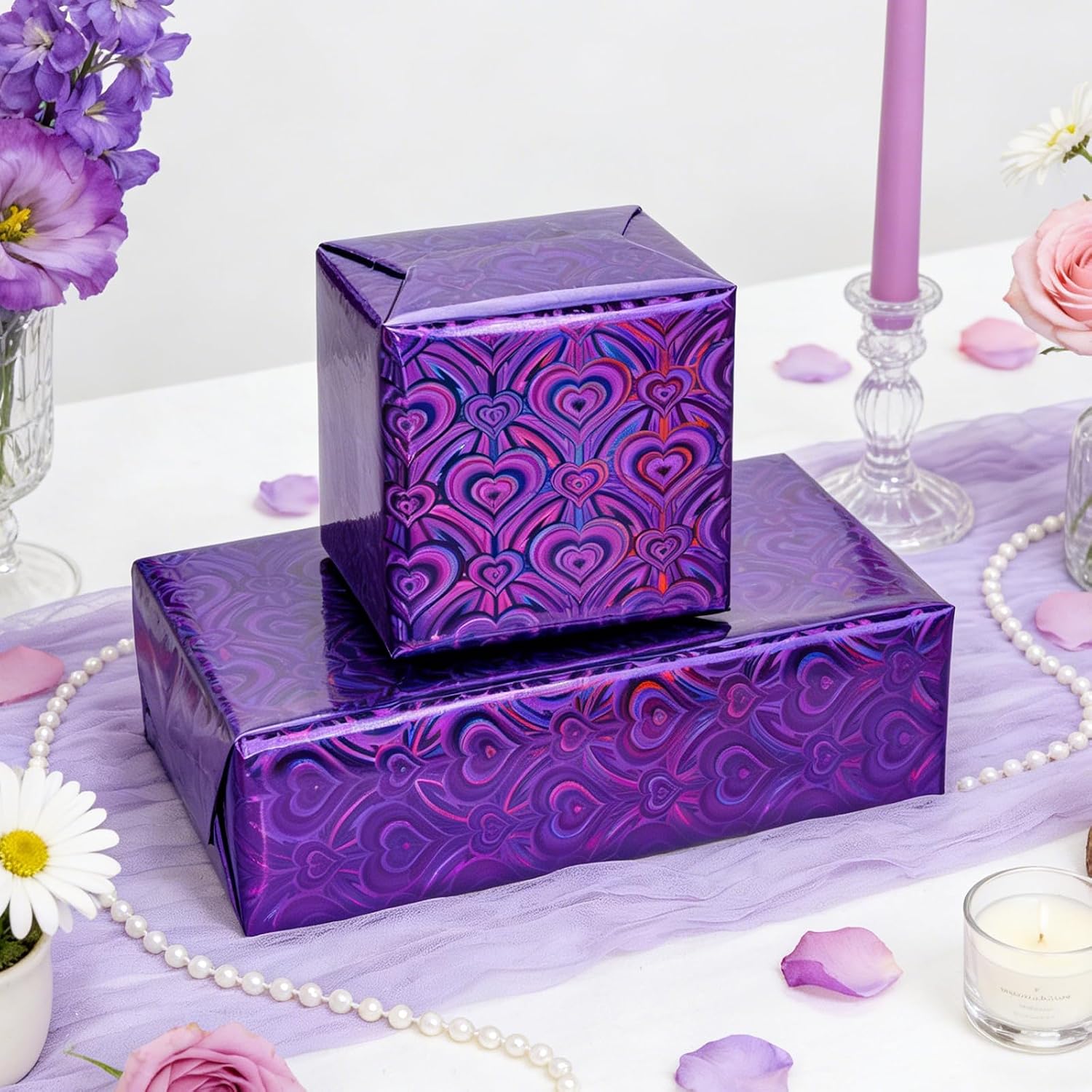 Homeral Purple Holographic Wrapping Paper Roll - Iridescent Shiny Heart Pattern for Valentines Day, Birthday, Mothers Day, Wedding, Bridal Shower, Fathers Day - 17 Inch x 32.8 Ft