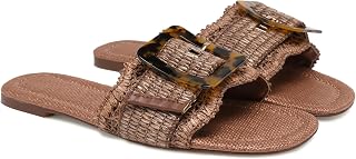 Raffia Flat Sandals for Women Woven Rattan Buckle Slide Sandals Summer Slip On Beach Sandals