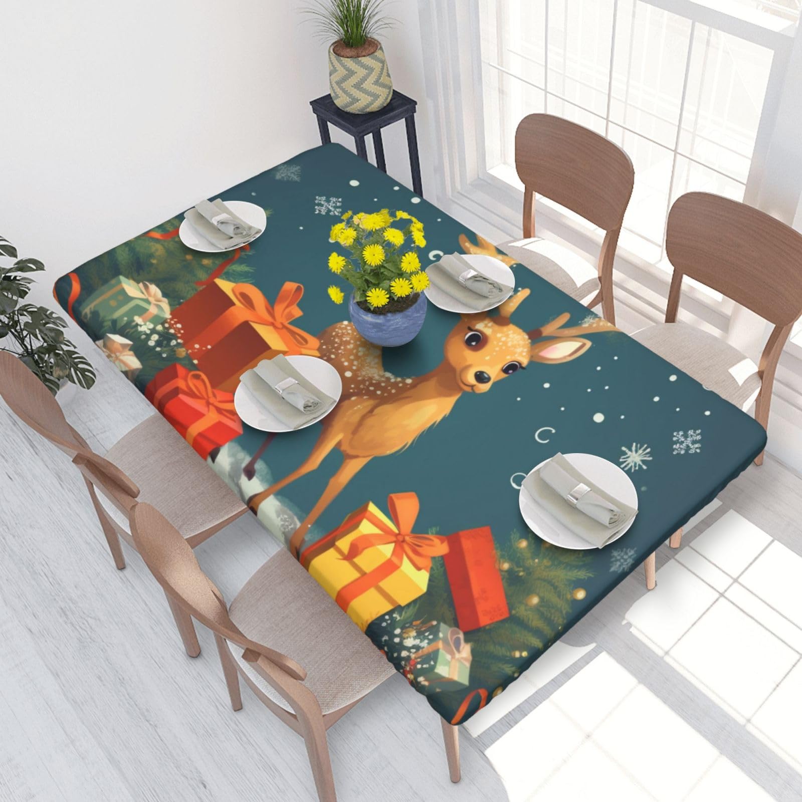 Dcarsetcv Xmas Gift Deer Printed 4Ft Waterproof Tablecloth With Elastic Edged Protect & Decor Your Table, Oil-Proof Washable Table Cloth Cover For Dinner Picnic Party