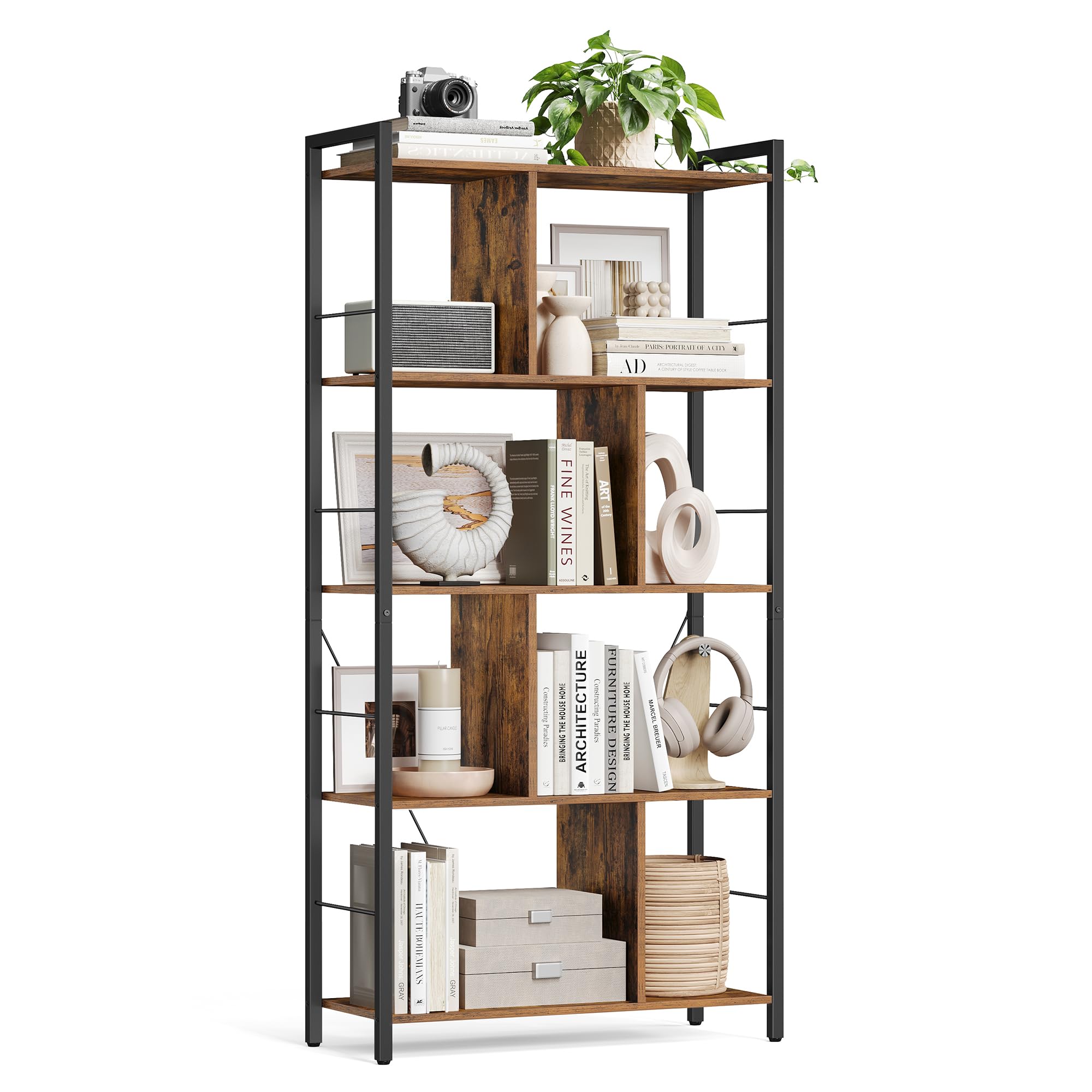 VASAGLE Bookshelf, Bookcase, 5 Tier Living Room Shelf, Industrial Storage Shelf with Open Compartments for Home Office, Bedroom, Industrial Style, Rustic Brown and Black LBC121B01