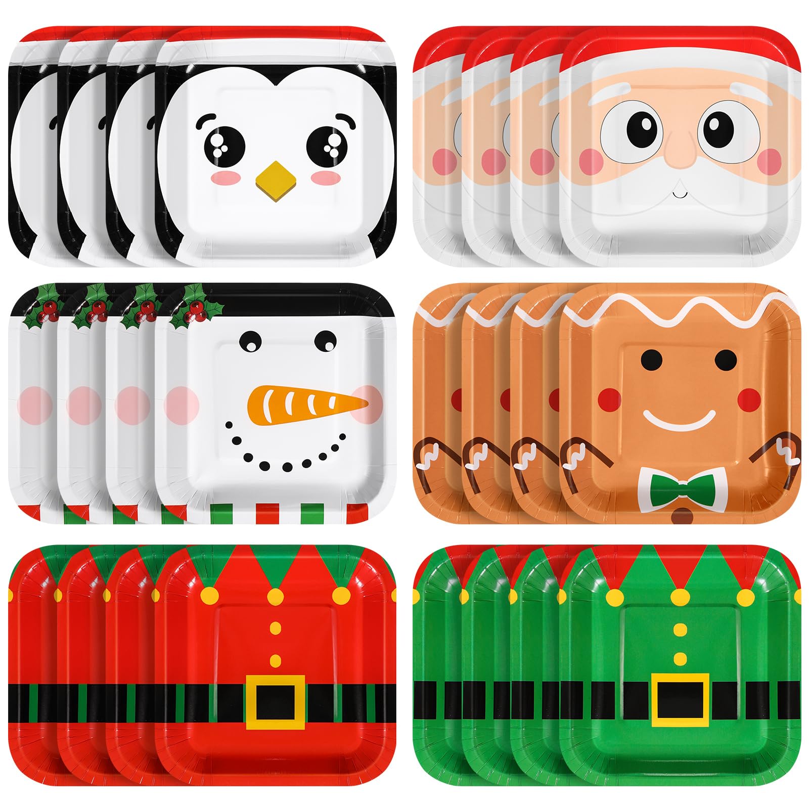 Mimorou Lot de 60 assiettes carrées jetables en carton de Noël de 17,8 cm, motif Père Noël, bonhomme de neige, 6 styles