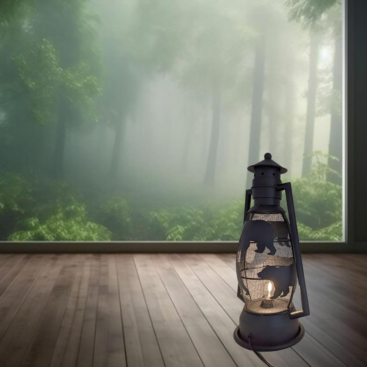 BestGiftEver Rustic Bear Lantern Table Lamp – Vintage Metal Nightlight with Electric Cord – Cabin, Lodge, Woodland Décor