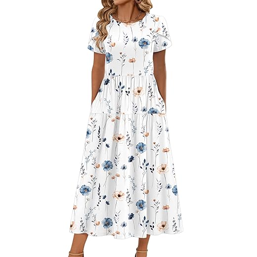 Zeagoo Summer Dresses for Women 2026 Maxi Bohemian Floral Short Sleeve Long Dress Casual Flowy Tired Beach Sundress