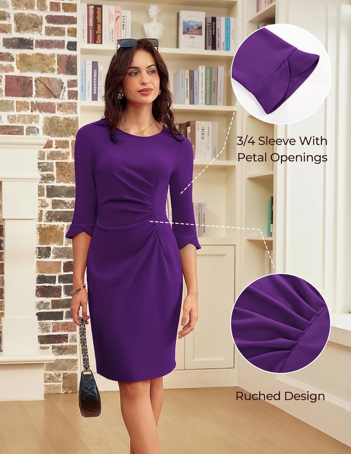 GRACE KARIN Work Dresses for Women 2025 3/4 Sleeve Sheath Business Dress Ruched Bodycon Office Cocktail Dress - Image 4