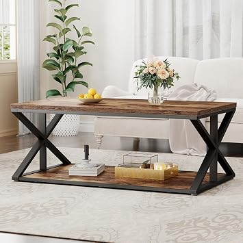 HSH Rustic Coffee Table, Farmhouse Coffee Tables for Living Room, Rectangle Wooden Center Tables with Storage, Industrial Vintage Wood Cocktail Tea Table, Rustic Brown, 120 cm