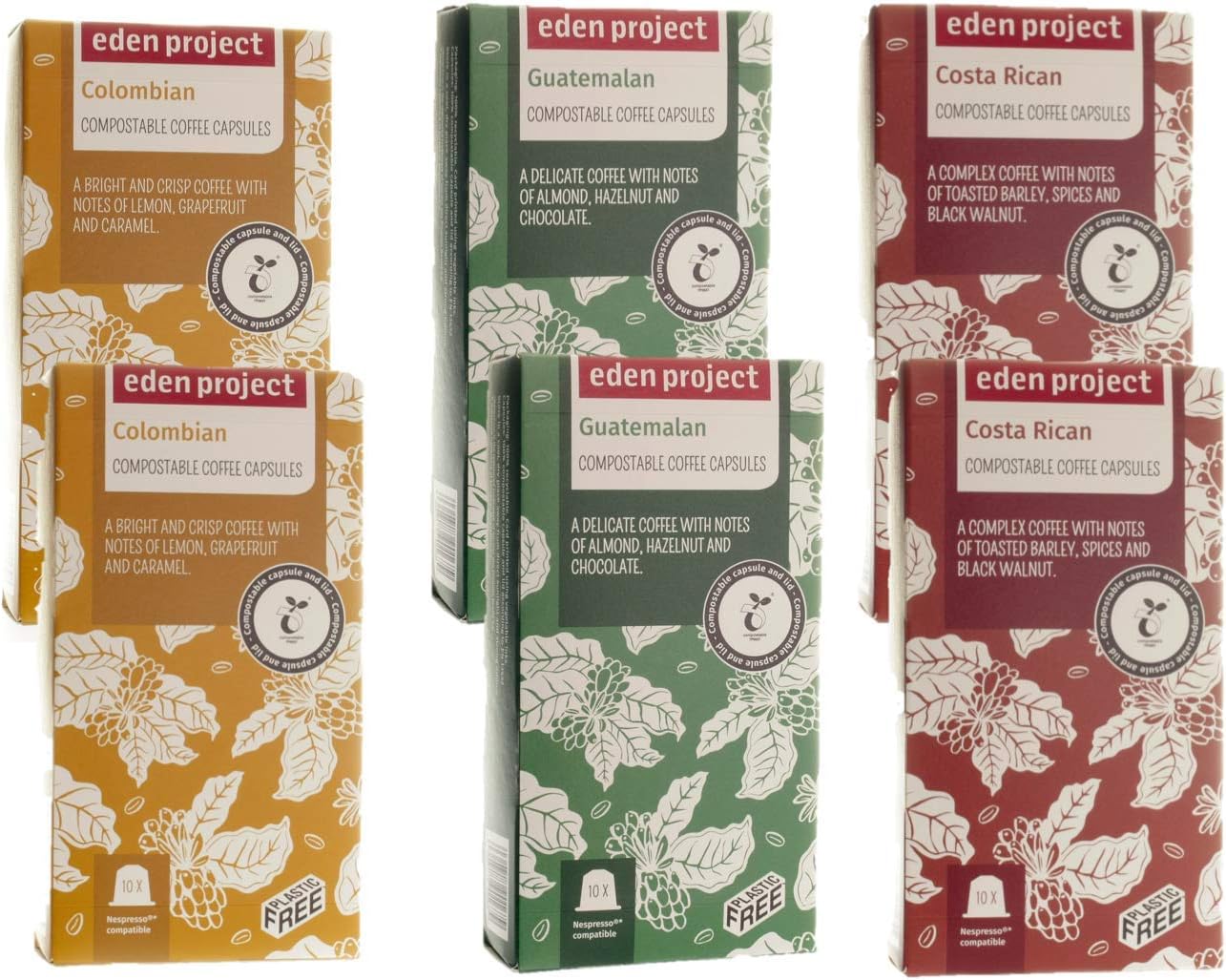 60 Plastic Free Mixed Eden Project Home compostable Nespresso Compatible Capsules (2 x 10 Colombian, 2 x 10 Costa Rican, 2 x 10 Guatemalan)