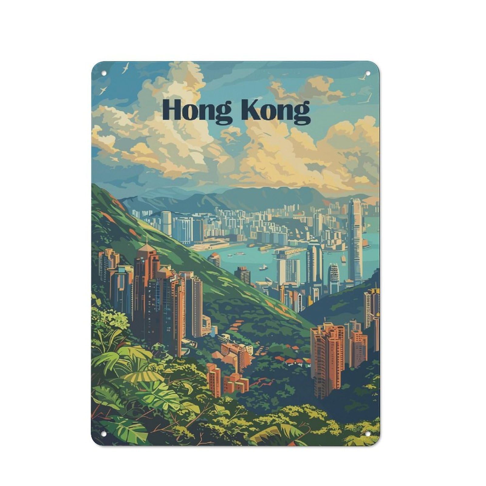 Hong Kong Cityscape Illustration Decorative Metal Plaque 40x30cm, Shop Front Style Bistro Wall Plaque for Tea Room, Shop Wall Or Breakfast Area