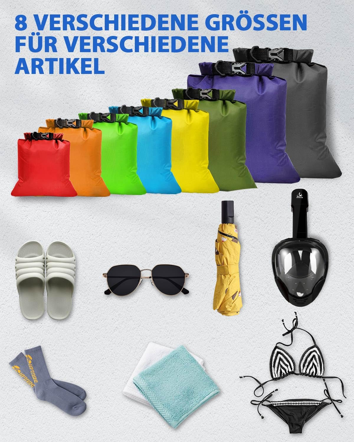 Victoper wasserdichte Aufbewahrungsbeutel 8 Stück, 1.5/2.5/3/3.5/5/8/10/12L Wasserdichter Tasche Beutel Lightweight Dry Bag, Wassersport Säcken für Zum Kajakfahren, Wandern, Camping (Mehrfarbig)