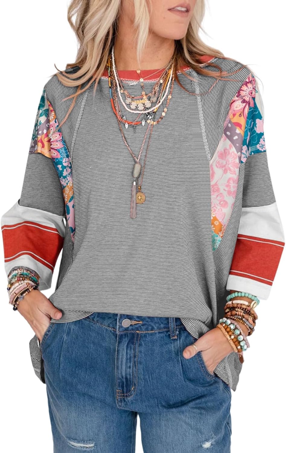 EVALESS Boho Tops for Women Dressy Casual Spring 3/4 Length Sleeve Crewneck Patchwork Striped Oversized Blouses Shirts