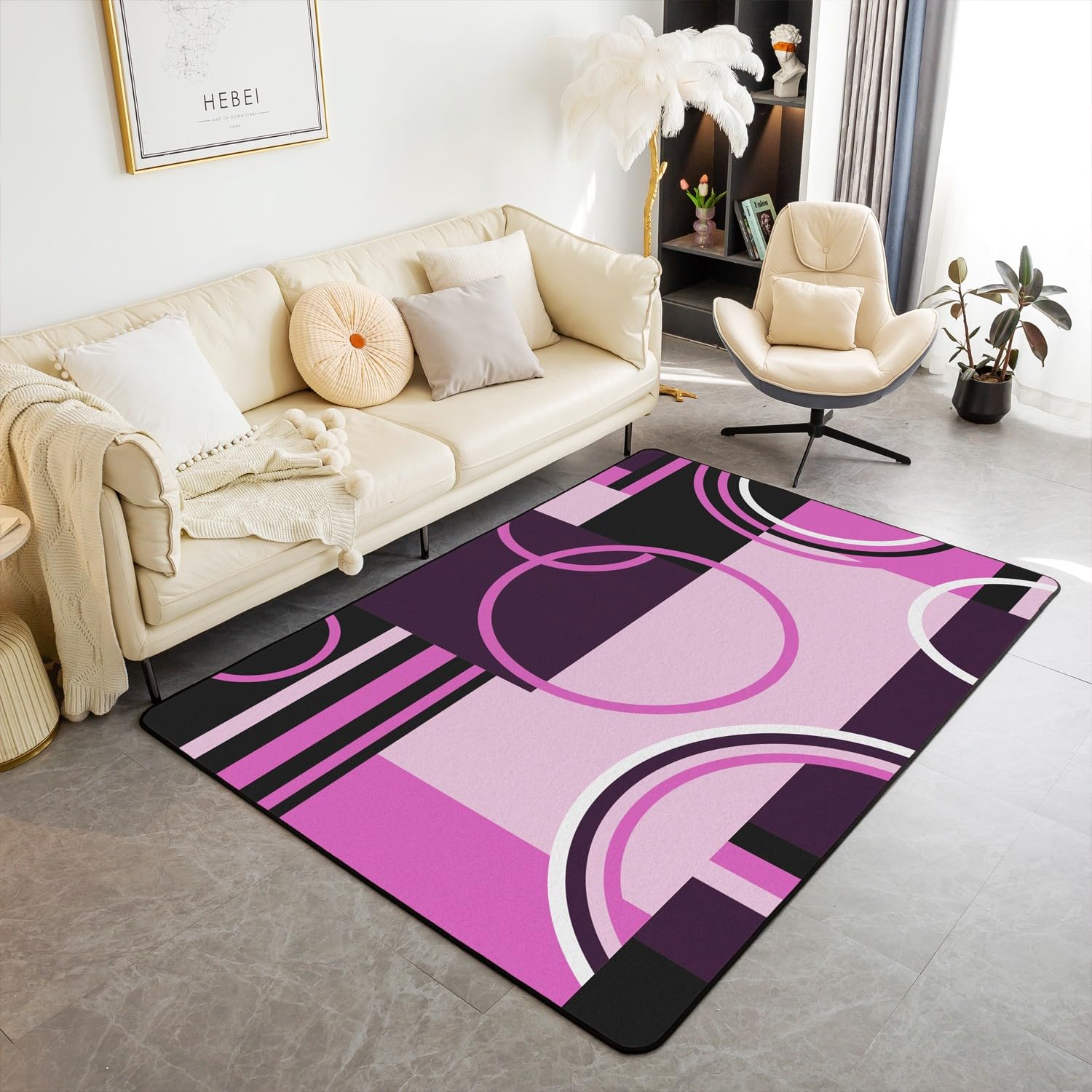 Vintage Swirls Non Slip Rug 5x6'6'', Purple Black Grey Area Rug for Kids Girls Teens, Geometric Circles Square Non Shedding Carpet, Retro Graphic Washable Decorative Rug for Home Office Dorm