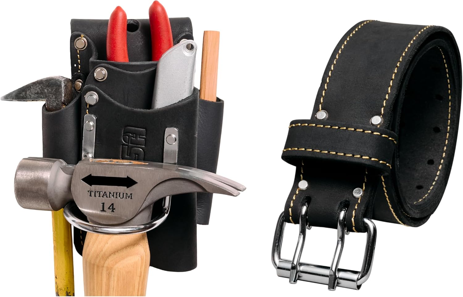 FESA 5-in-1 Small Leather Tool Pouch (Black) and FESA Leather Tool Belt (Black, 2" Wide, L, Adjustable from 29"-44") Bundle