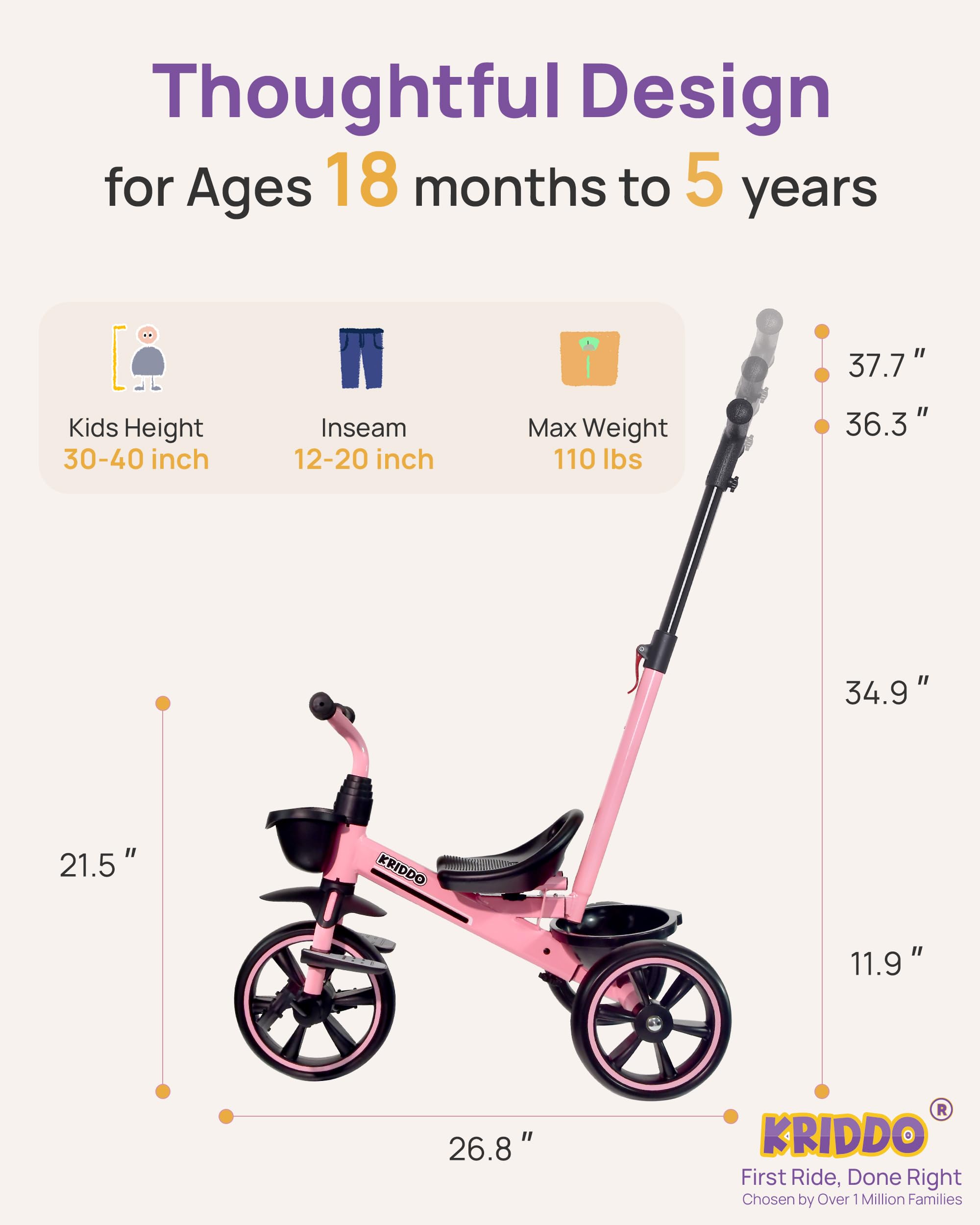 KRIDDO Rower trójkołowy 2 w 1 dla dzieci od 18 miesięcy do 5 lat, z przedłużonym drążkiem do pchania dla łatwego przesuwania, rower trójkołowy dla dzieci w wieku 3-5 lat, rower trójkołowy ze składanym