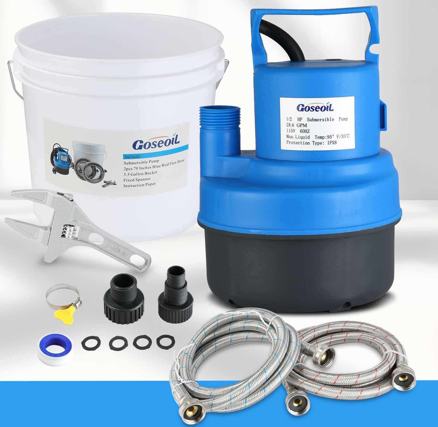 Tankless Water Heater Flush Kit with 1/2HP Submersible Pump, Two 6FT Stainless Steel Hoses, 3.5 Gallon Bucket & Steel Spanner – Universal Descaling System for Gas & Electric Tankless Water Heaters