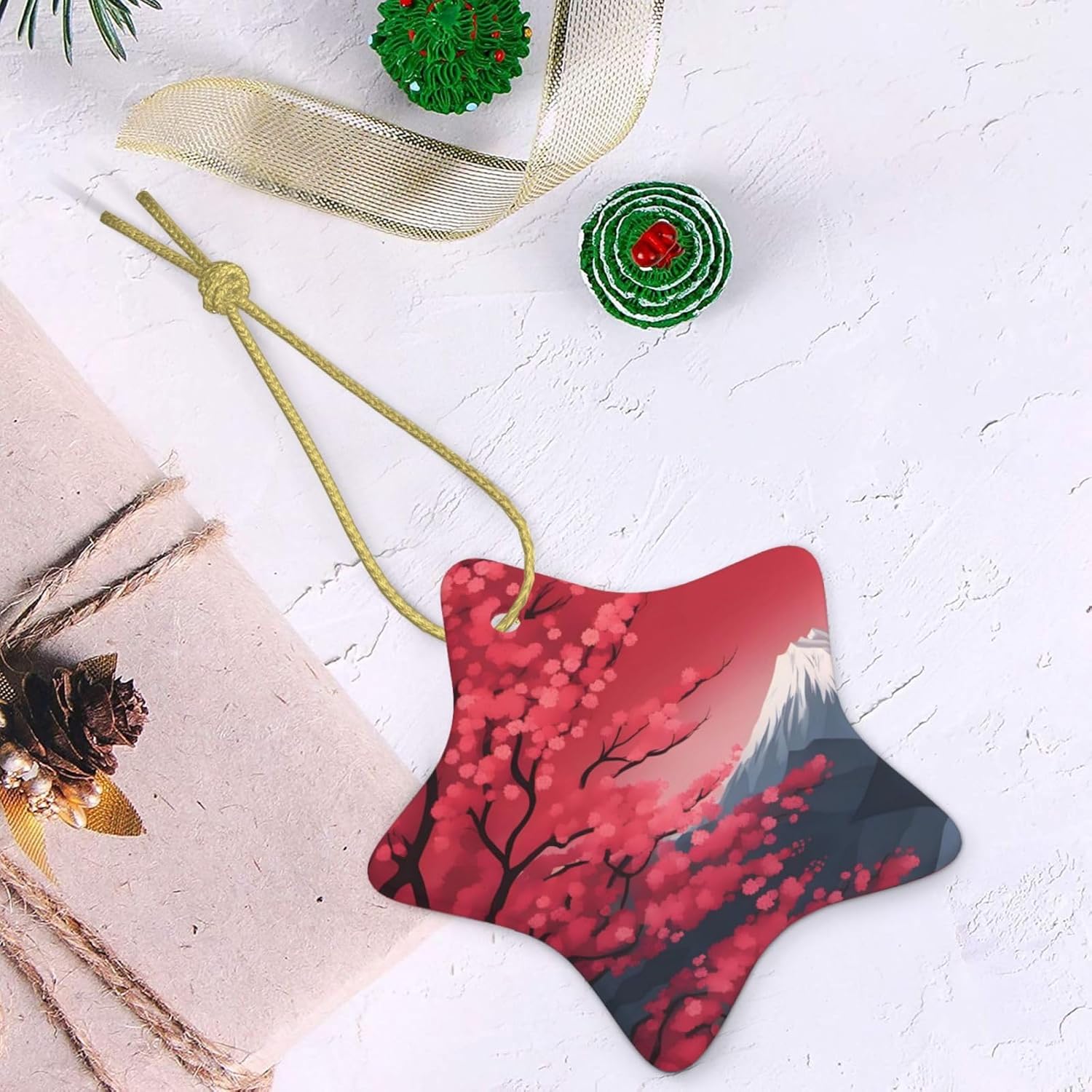Red Cherry Snow Mountain pattern Christmas Tree star Ceramic Hanging decorate : Comes with gold wire rope for easy hanging -2.9 in