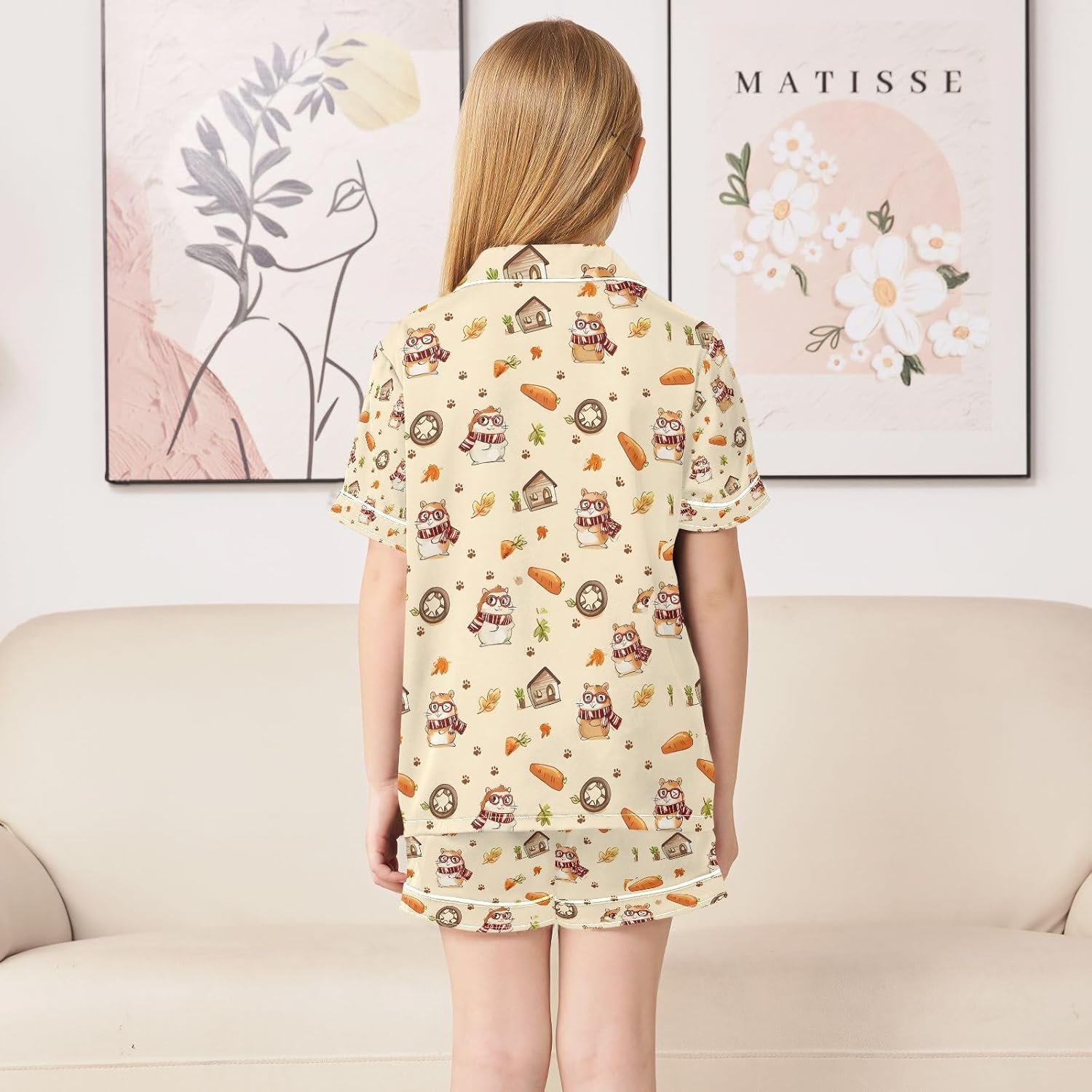 senya Cute Squirrel Carrot Satin Summer Pajama Sets Silk Short Sleeve Button Down Sleepwear