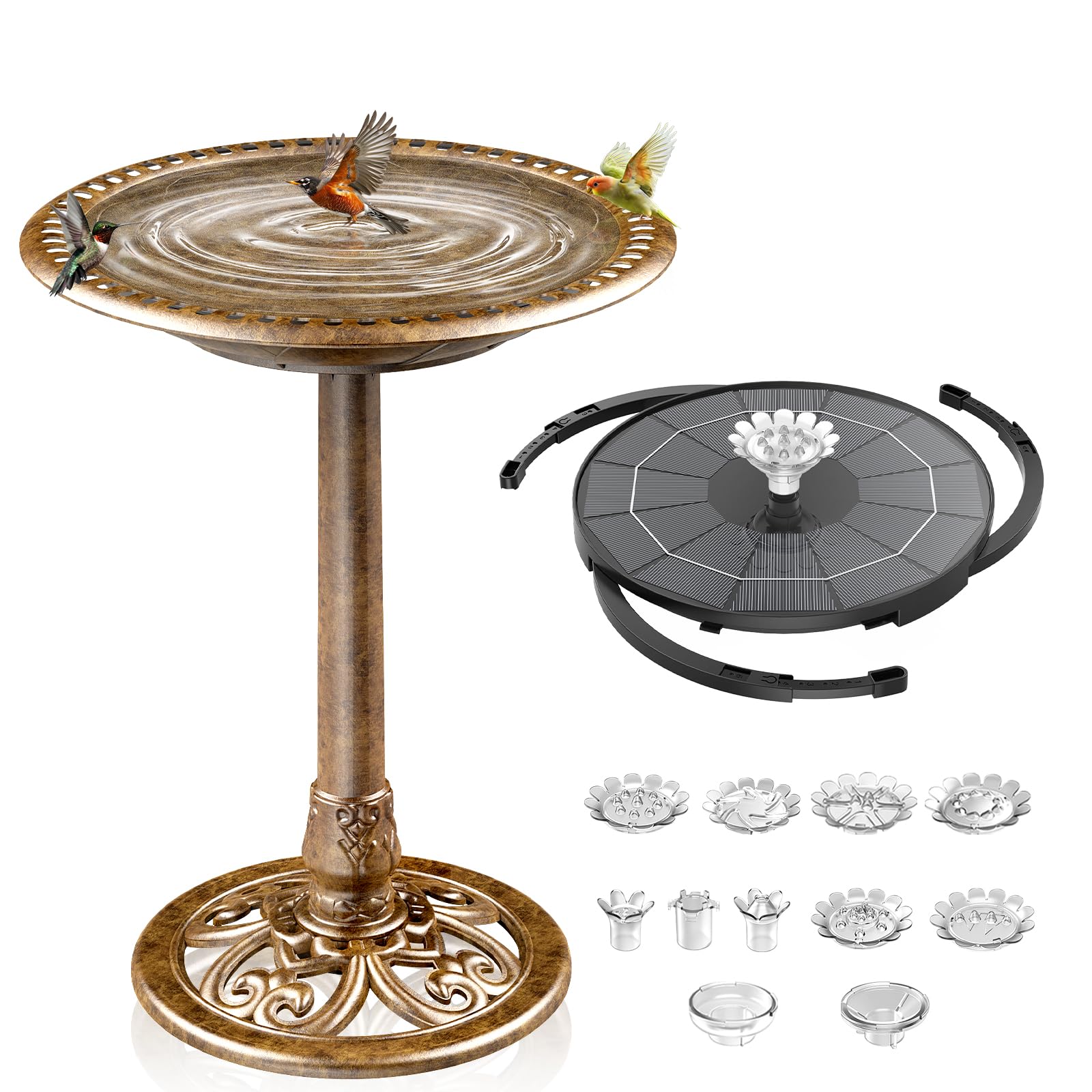 AISITIN Vogeltränke mit 3,5W Solar Springbrunnen, Futterplatz,Garten,Balkon Dekoration, Vogelbecken Vogel Futterstelle Tränke Bad für Balkon Terrasse Gartendeko Vogelbecken Bronzen Kunststoff Bronze