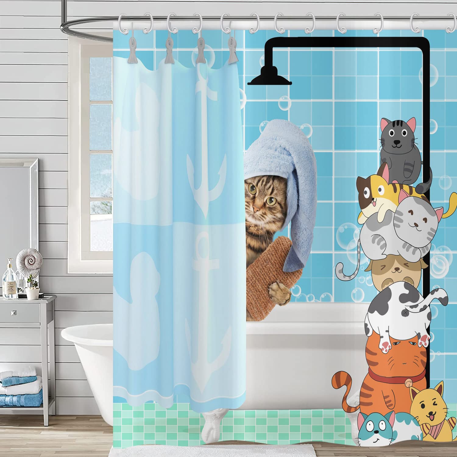 Funny Cat Shower Curtain 200x180, Hnmdmyi Cute Bathing Cat Cartoon Animal Kitten Kids Shower Curtains Shower Cap Blue Checked Decor Bathroom Curtains Waterproof Polyester Fabric Washable Bath Curtains