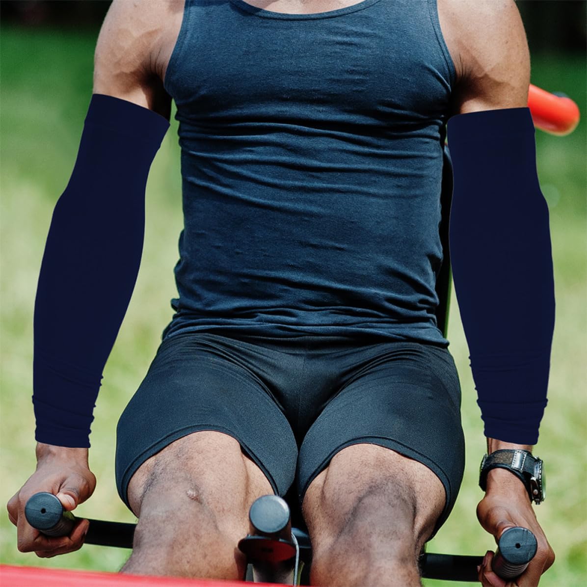 Arm Sleeves Elastic Sports Compression 2 Pairs UV Protection for Men Women Sleeves Navy Cooling Chinlon Material for Riding and Driving