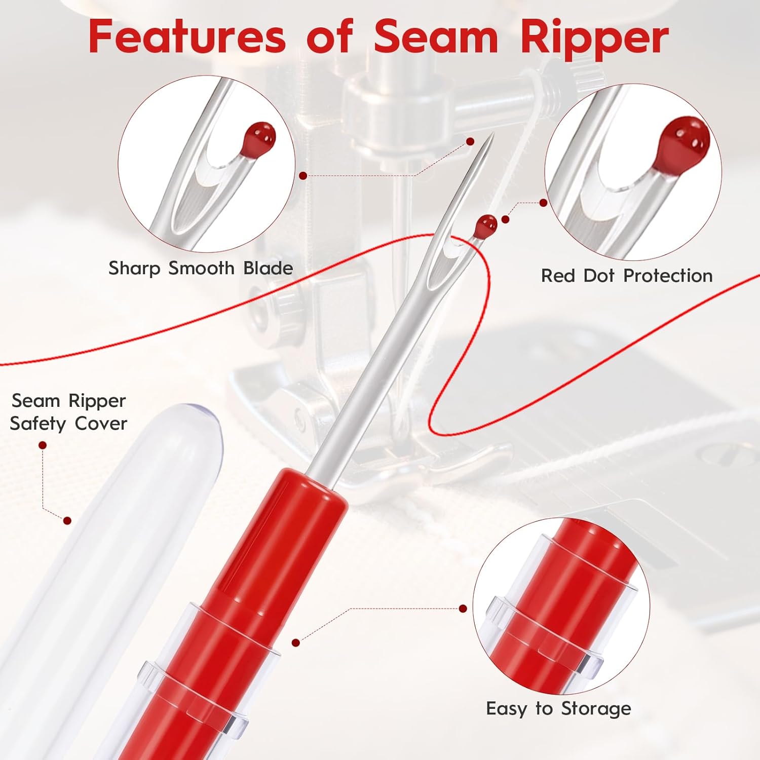 Sewing Machine Needle Threader, 4 in 1 Automatic Quick Threading Tool, Multifunctional Stitch Insertion Seam Guide with 2 Pcs Seam Rippers for Quilting Alterations Tailoring(Red)