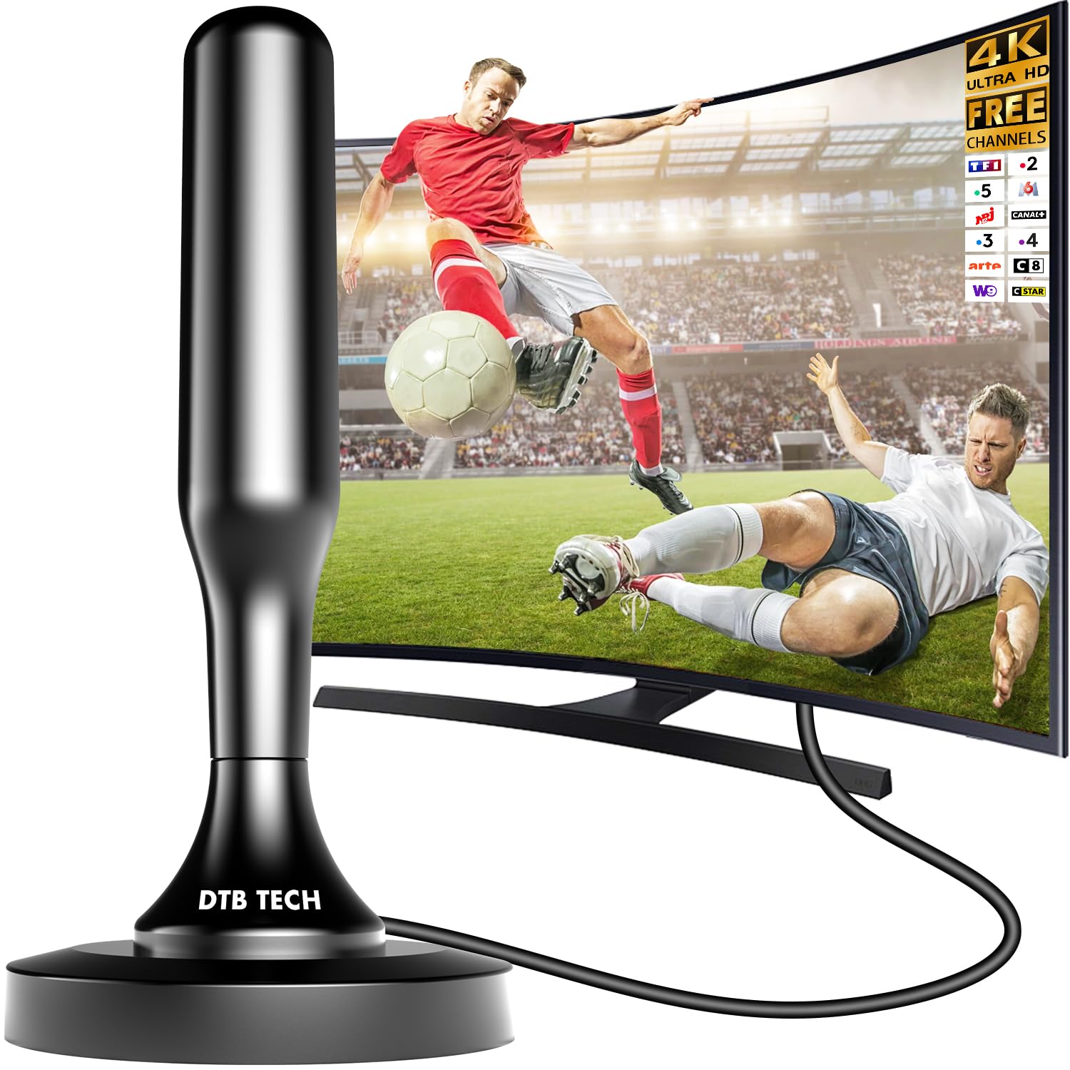 Antenne TV Intérieur Puissante, TNT HD 4K 1080P, Réception 360° Longue Portée 500km, Câble Coaxial 3m
