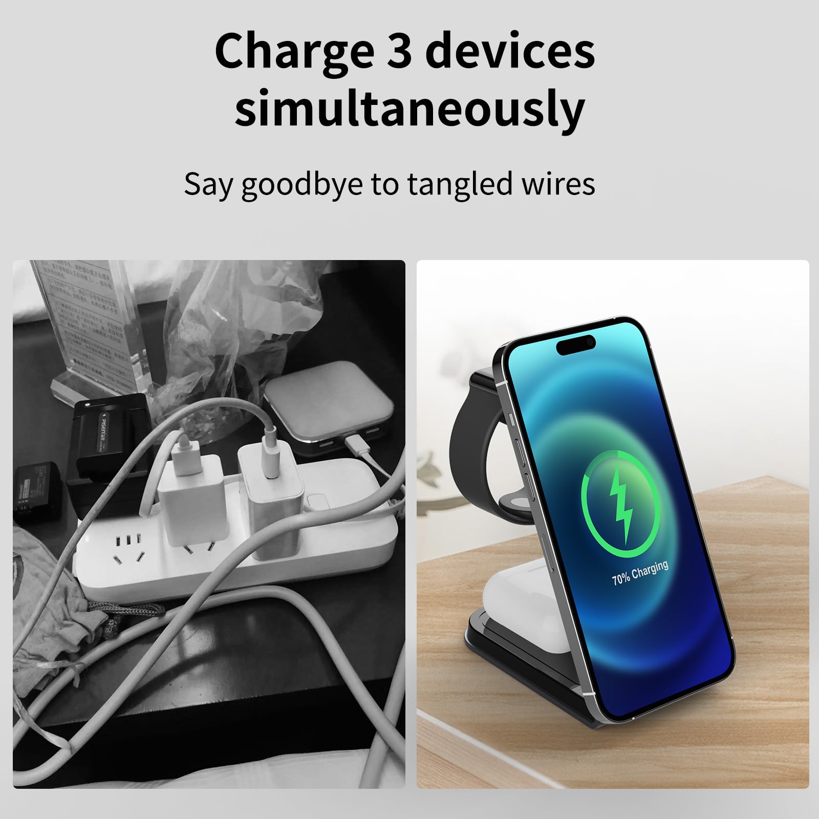 Oramkyo Caricatore Wireless Stazione, Caricatore Wireless 3 in 1, 15W Ricarica Wireless Charger Stand per iPhon serie 15/14/13/12, Serie iWath, Airpod 3/2/Pro(20W Adattatore)