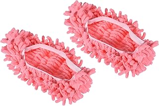 M METERXITY 2 Pairs Washable Cleaning Shoes Cover - Floor Cleaning Dust, Chenille Duster Mop Slippers, Apply to House Office (Pink)