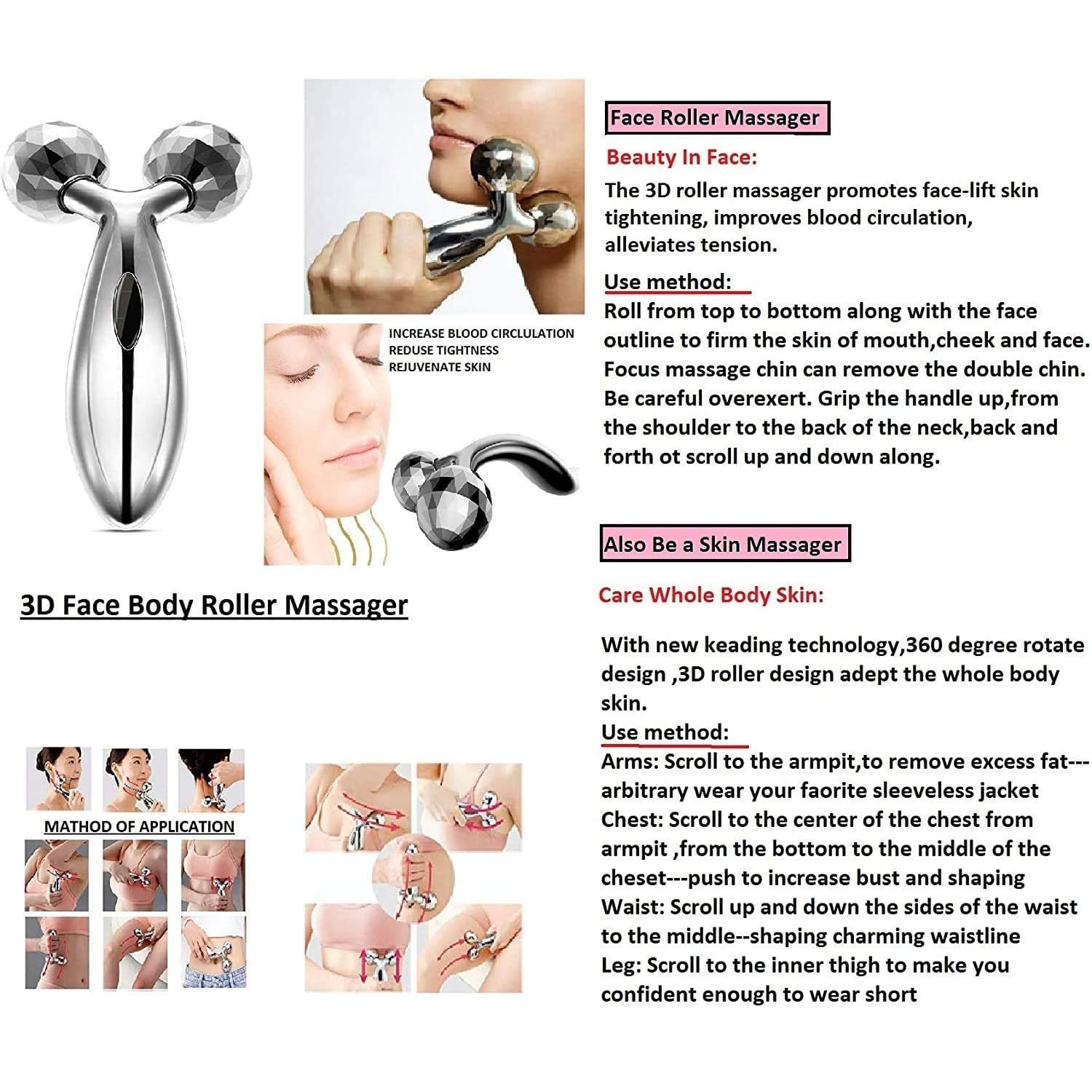 UGU ZONE 3D Manual Solar Powered Roller Face Body Massager Skin Lifting Wrinkle Remover Facial Massage For Relaxation and Tightening (Silver) 3