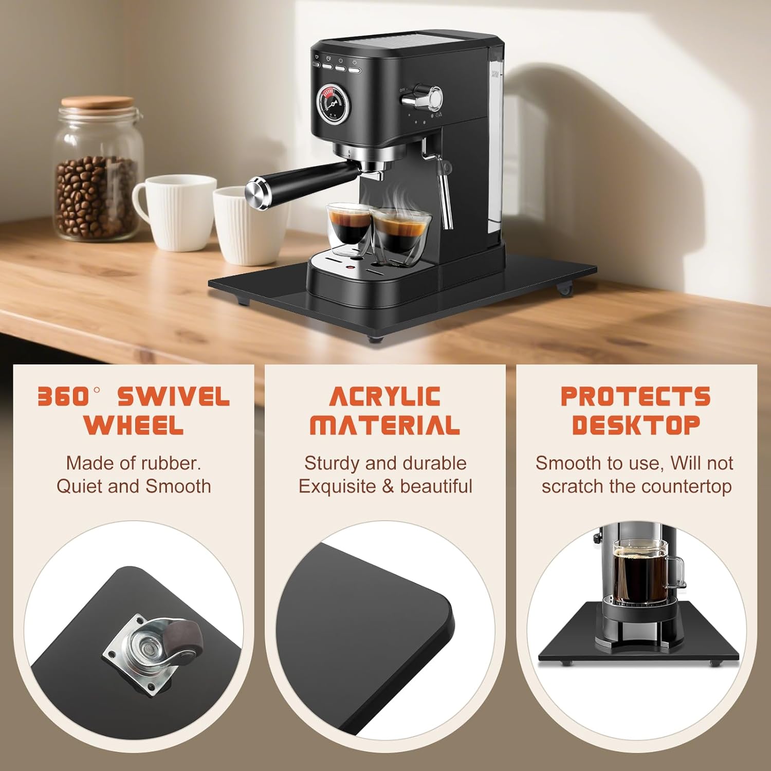 Acrylic Sliding Tray for Coffee Maker 360° Appliance Slider Under Coffee Maker Mat for Countertop, Coffee Pot Rolling Tray with Rubber Wheels for Breville Ninja Toaster Air Fryer (Small 9.8"×14")Black