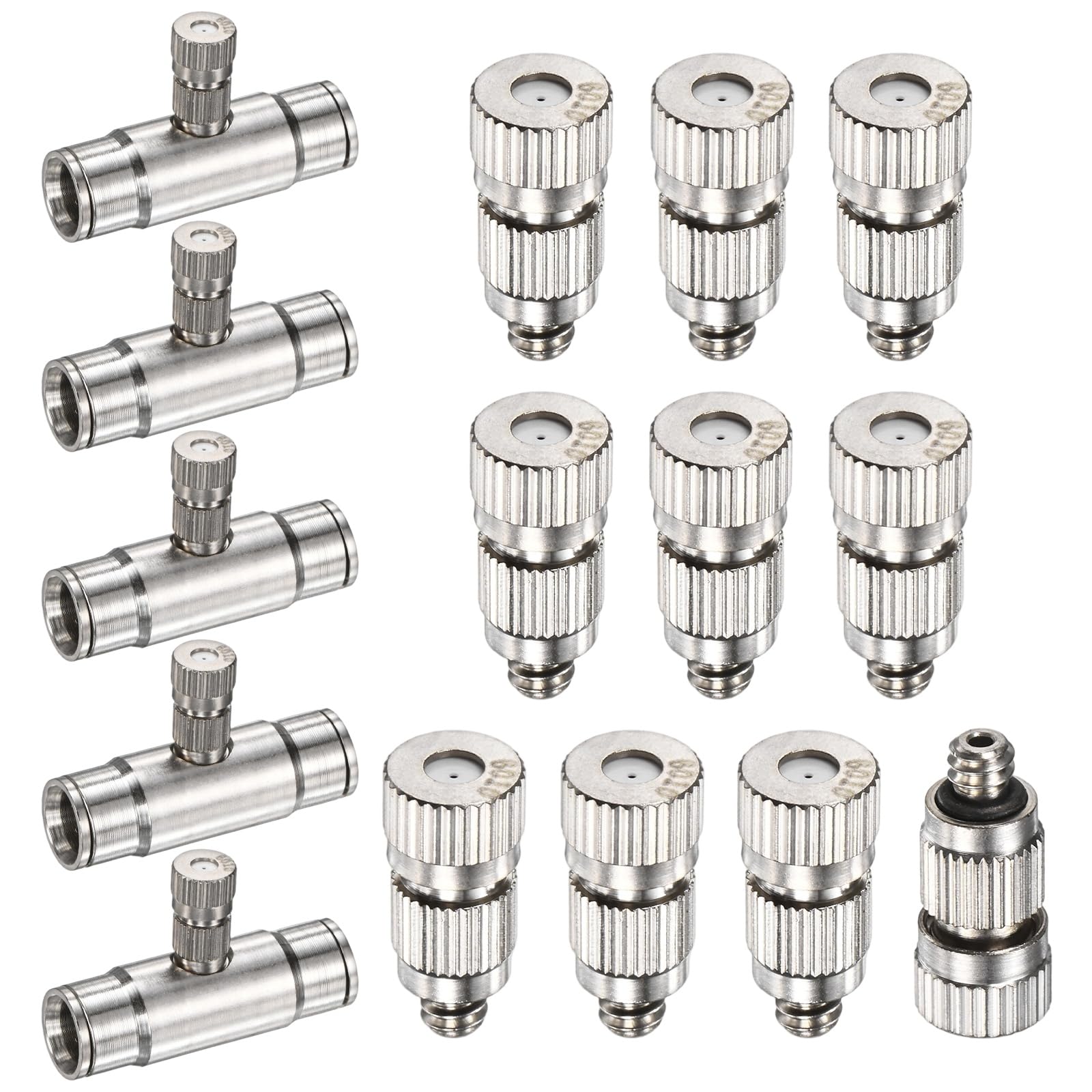 M METERXITY 20-Pack Brass Misting Nozzle Tee Kit, 0.6mm Orifice Dia. High Pressure Spray Misting Nozzle Head, Slip Connectors for 3/8 Inch Drip Irrigation Tubing Kit Outdoor [3/16" Threaded]