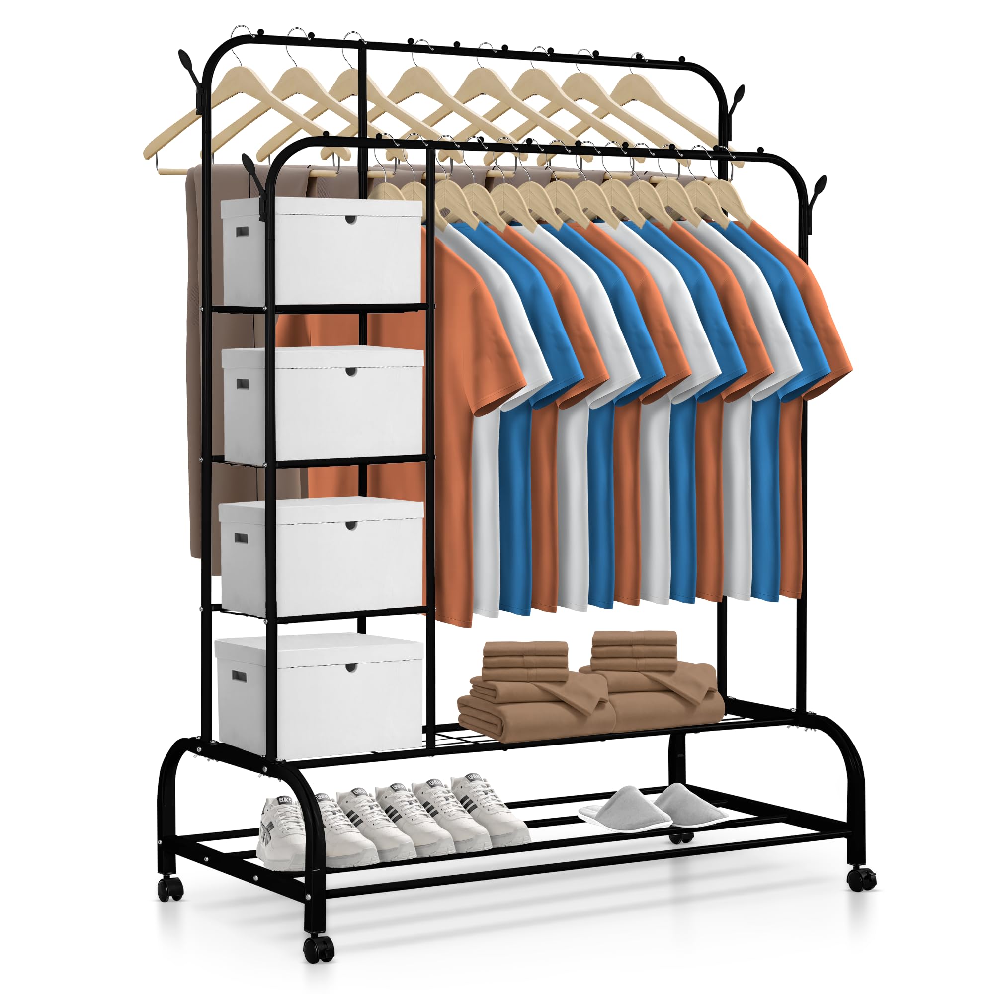 JUPPLIES Burro Ropa Resistente – Perchero Burro Doble con Soporte (Blanco, Con Ruedas y Estantes) — view 10